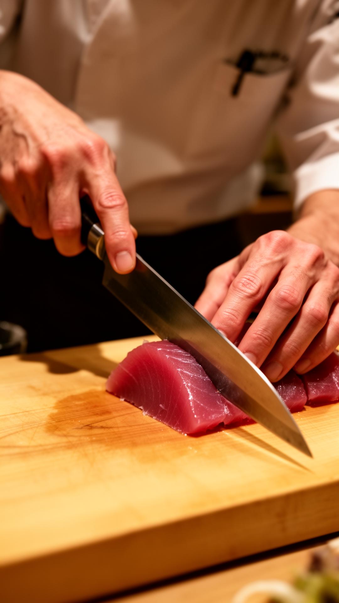 Chef hand-slicing fresh tuna sashimi