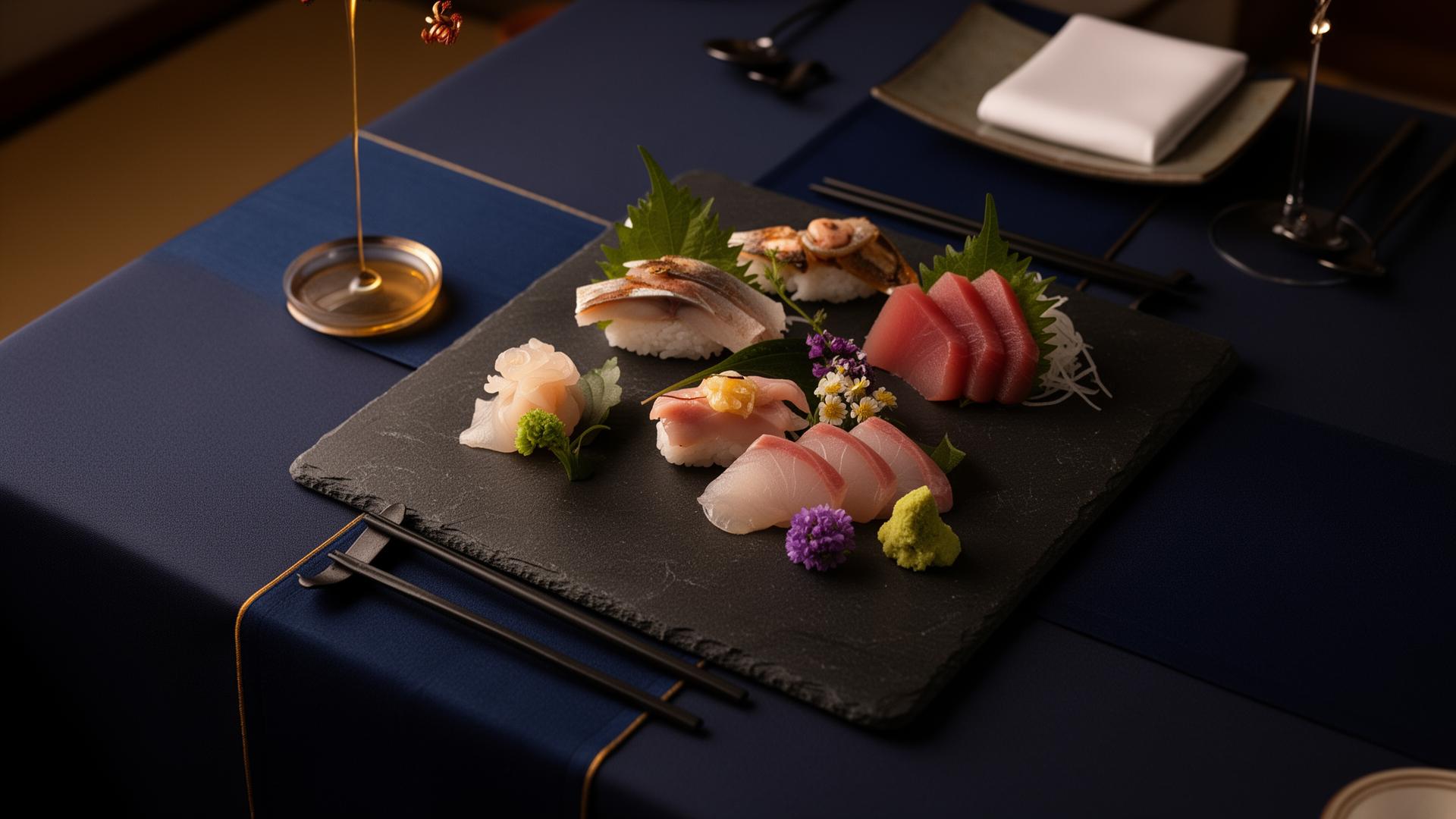 Kaiseki sashimi presentation on a navy dining table