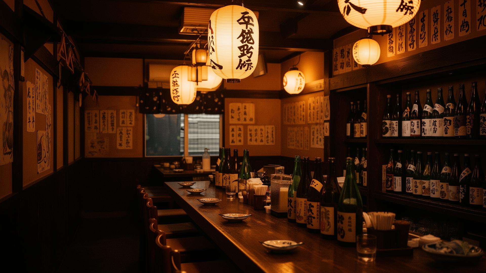 Warm-lit Japanese izakaya interior